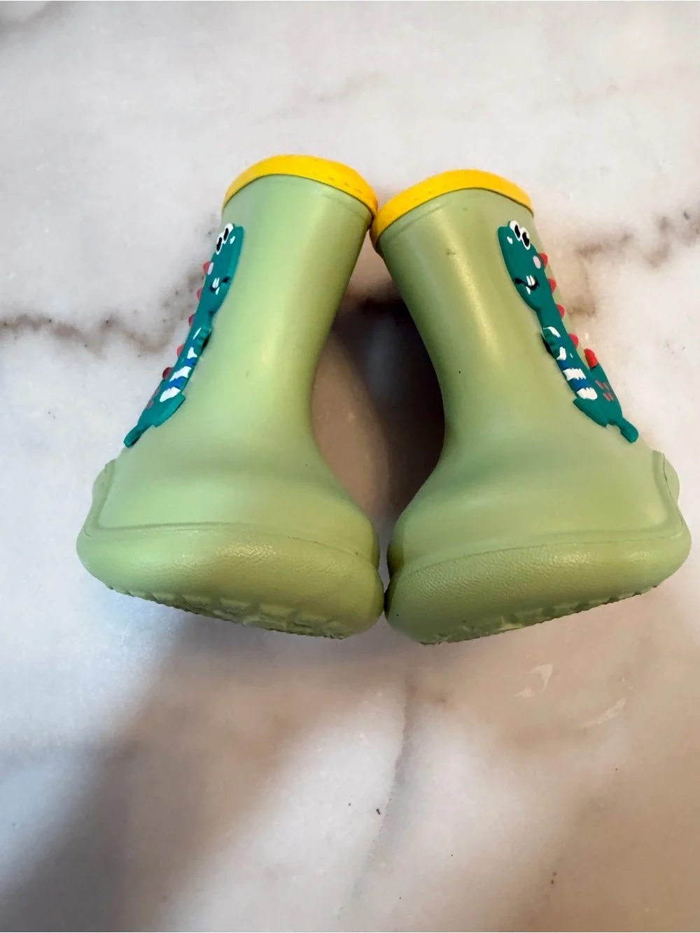 Kids Green Dinosaur Rain Boots with Yellow Trim